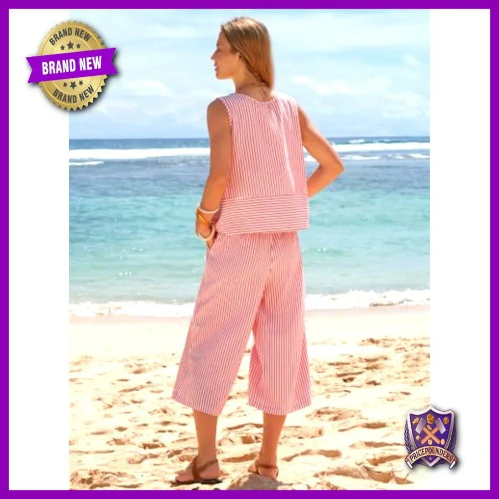 Striped Sleeveless Top & Wide Leg Capri Pants Set Faux Linen Summer Outfit